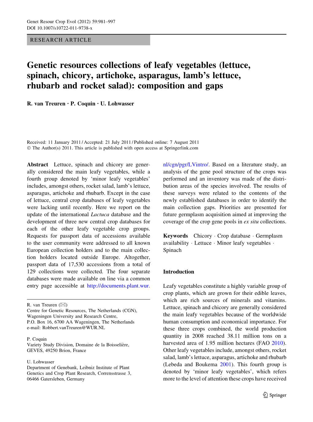 Genetic Resources Collections of Leafy Vegetables (Lettuce, Spinach, Chicory, Artichoke, Asparagus, Lamb's Lettuce, Rhubarb An