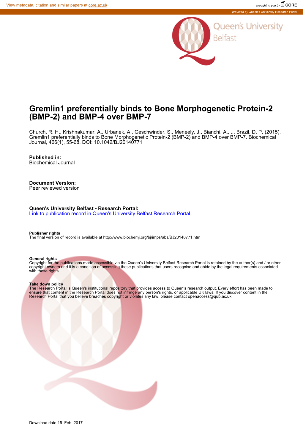 Gremlin1 Preferentially Binds to Bone Morphogenetic Protein-2 (BMP-2) and BMP-4 Over BMP-7