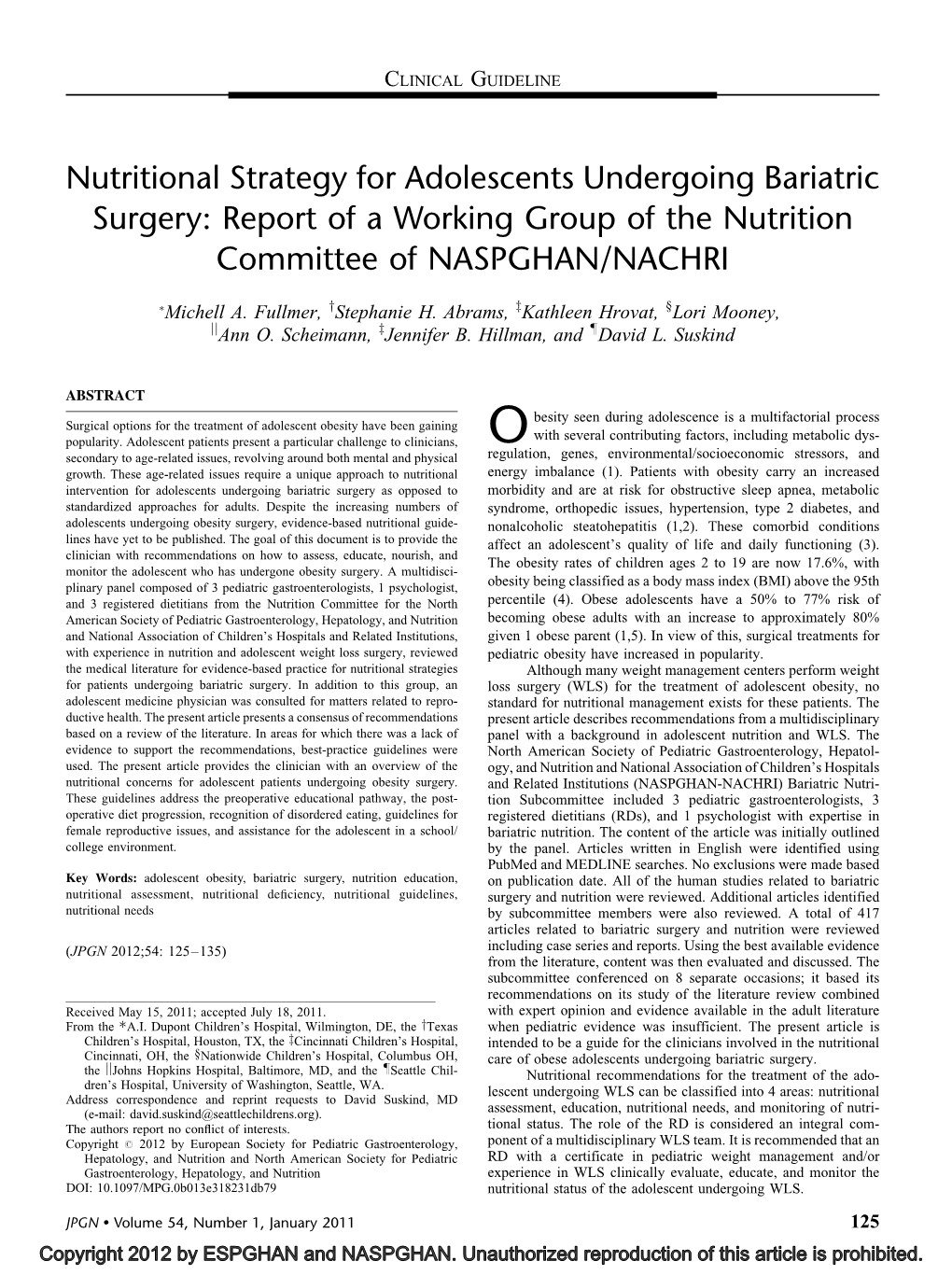 Nutritional Strategy for Adolescents Undergoing Bariatric Surgery: Report of a Working Group of the Nutrition Committee of NASPGHAN/NACHRI