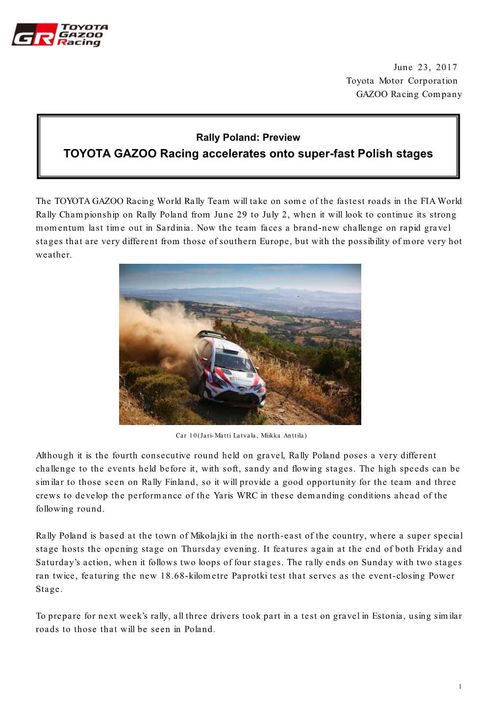 TOYOTA GAZOO Racing Accelerates Onto Super-Fast Polish Stages