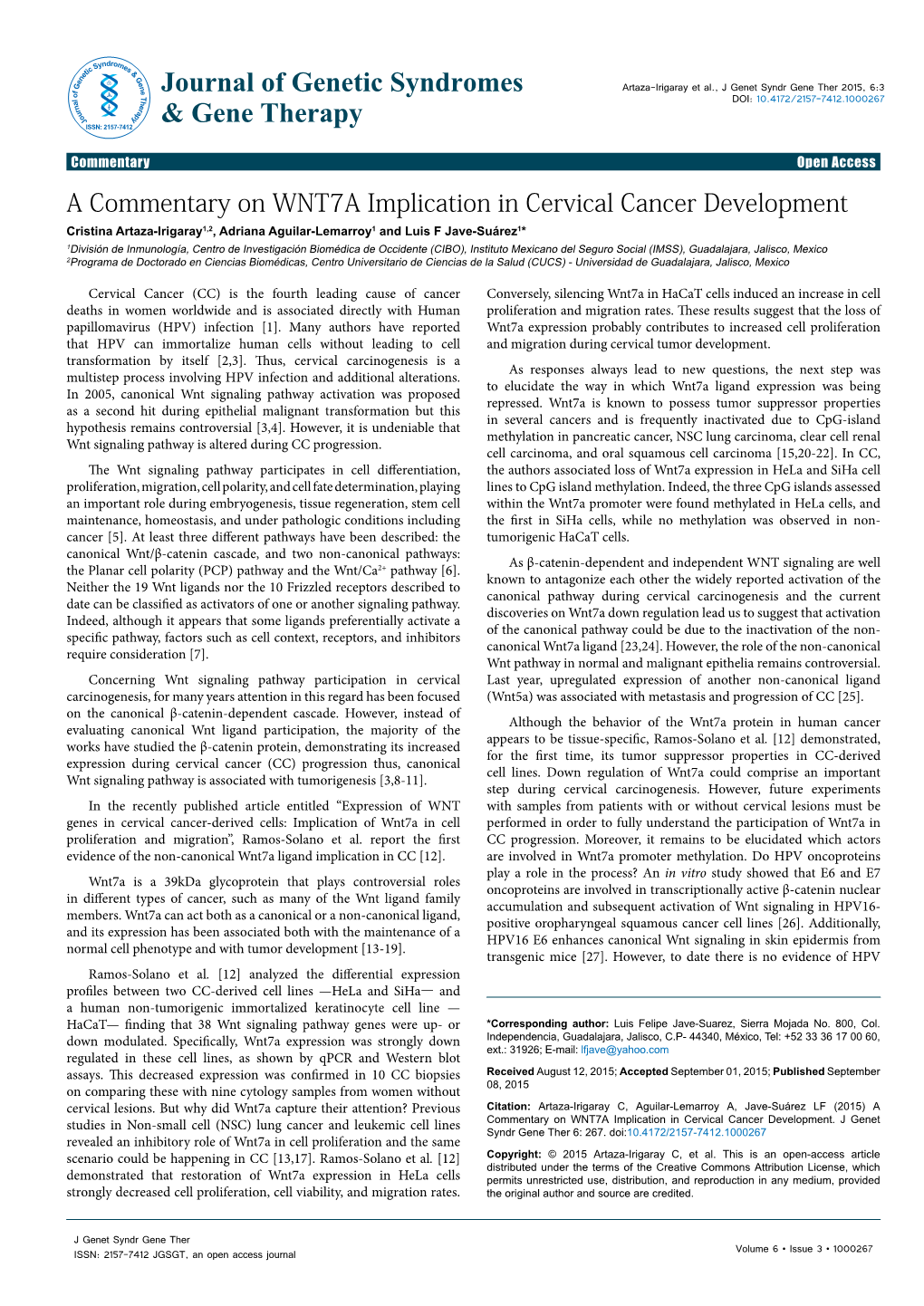 A Commentary on WNT7A Implication in Cervical Cancer Development