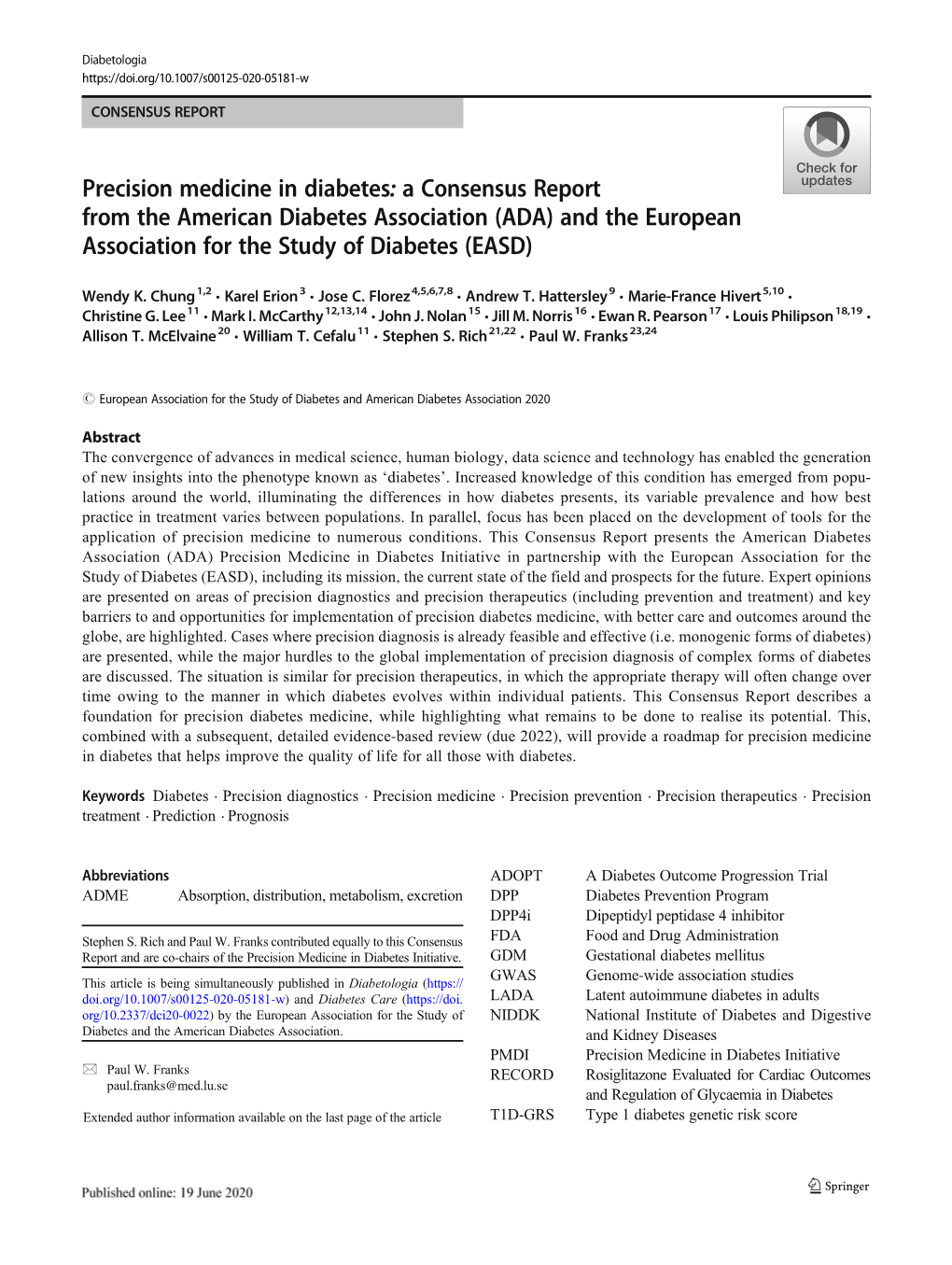 A Consensus Report from the American Diabetes Association (ADA) and the European Association for the Study of Diabetes (EASD)