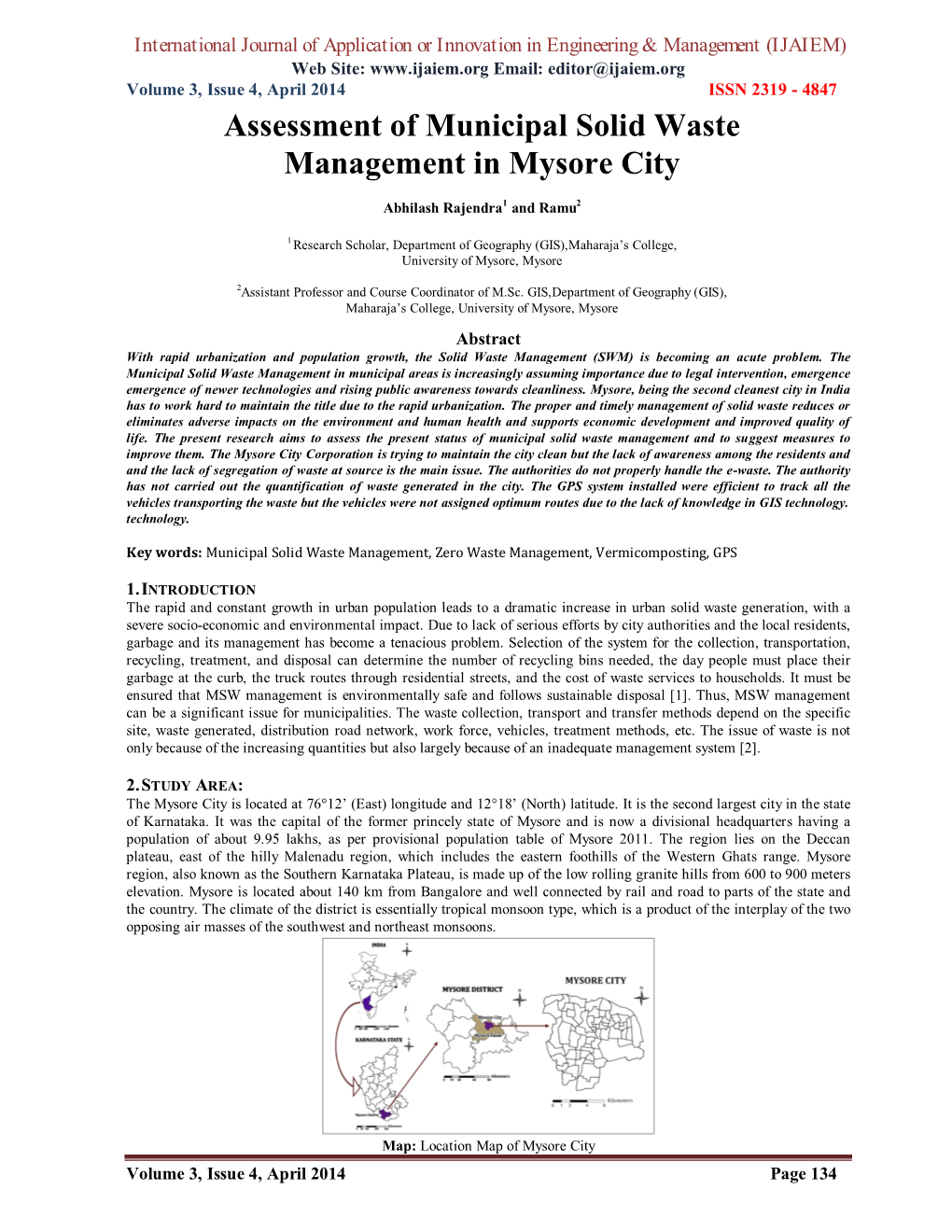 Assessment of Municipal Solid Waste Management in Mysore City