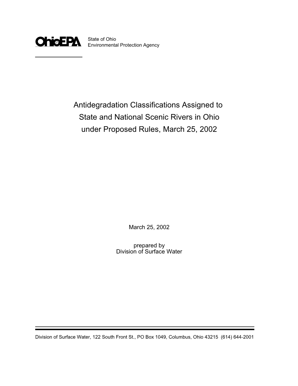 Antidegradation Classifications Assigned to State and National Scenic Rivers in Ohio Under Proposed Rules, March 25, 2002