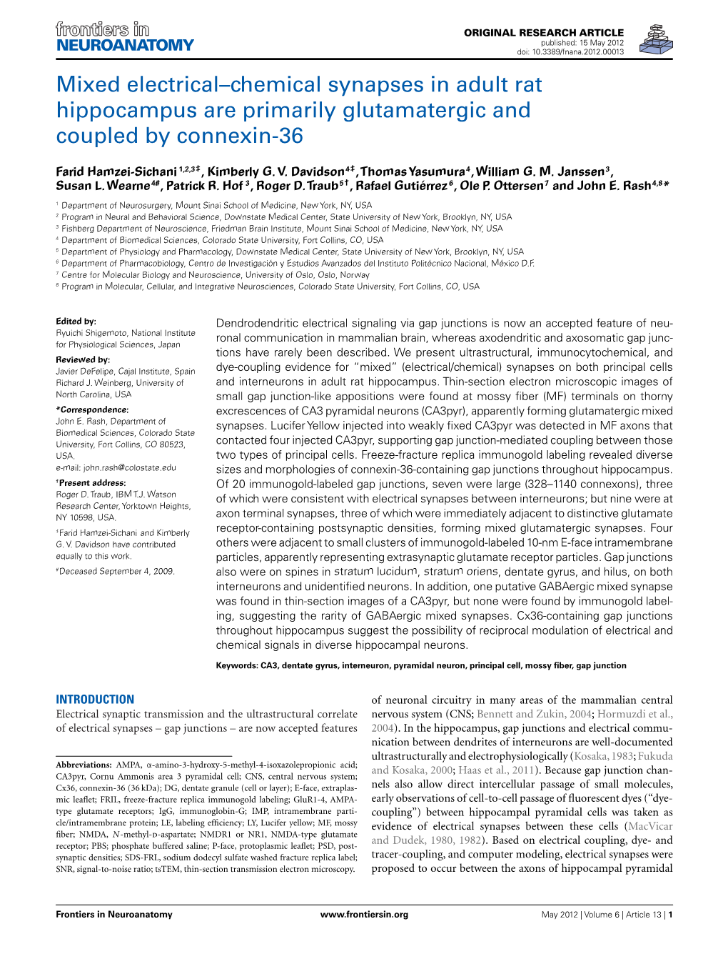 Mixed Electrical–Chemical Synapses in Adult Rat Hippocampus Are Primarily Glutamatergic and Coupled by Connexin-36