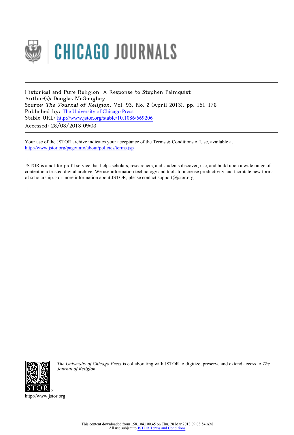 Historical and Pure Religion: a Response to Stephen Palmquist Author(S): Douglas Mcgaughey Source: the Journal of Religion, Vol