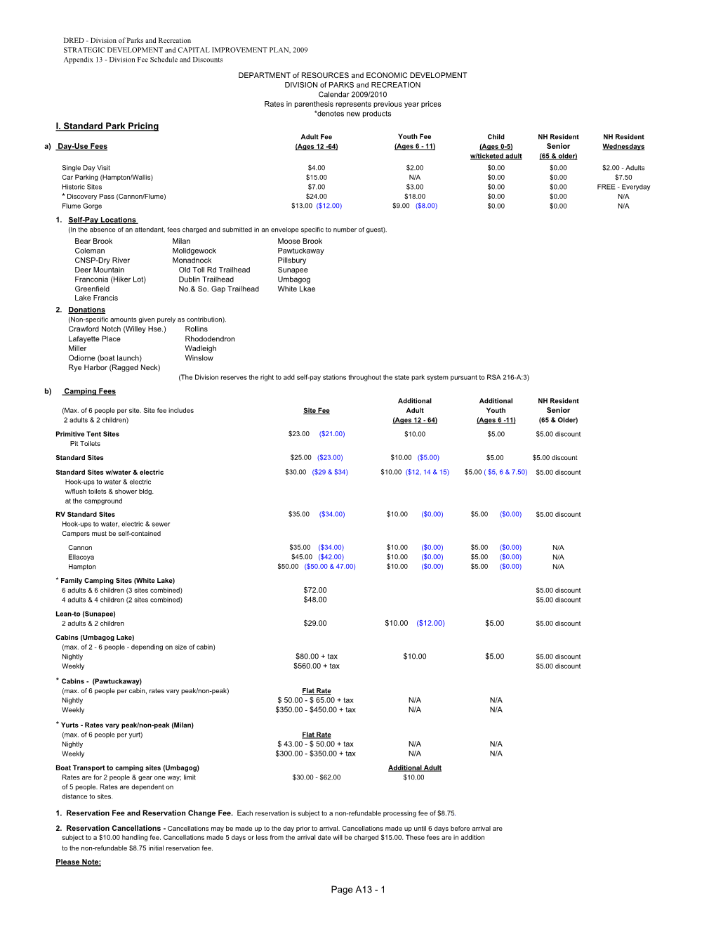 Page A13 - 1 DRED - Division of Parks and Recreation STRATEGIC DEVELOPMENT and CAPITAL IMPROVEMENT PLAN, 2009 Appendix 13 - Division Fee Schedule and Discounts