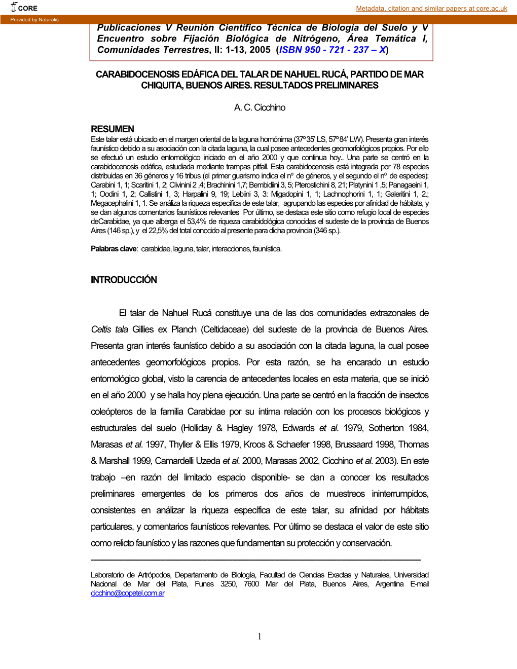 Carabidocenosis Edáfica Del Talar De Nahuel Rucá, Partido De Mar Chiquita, Buenos Aires