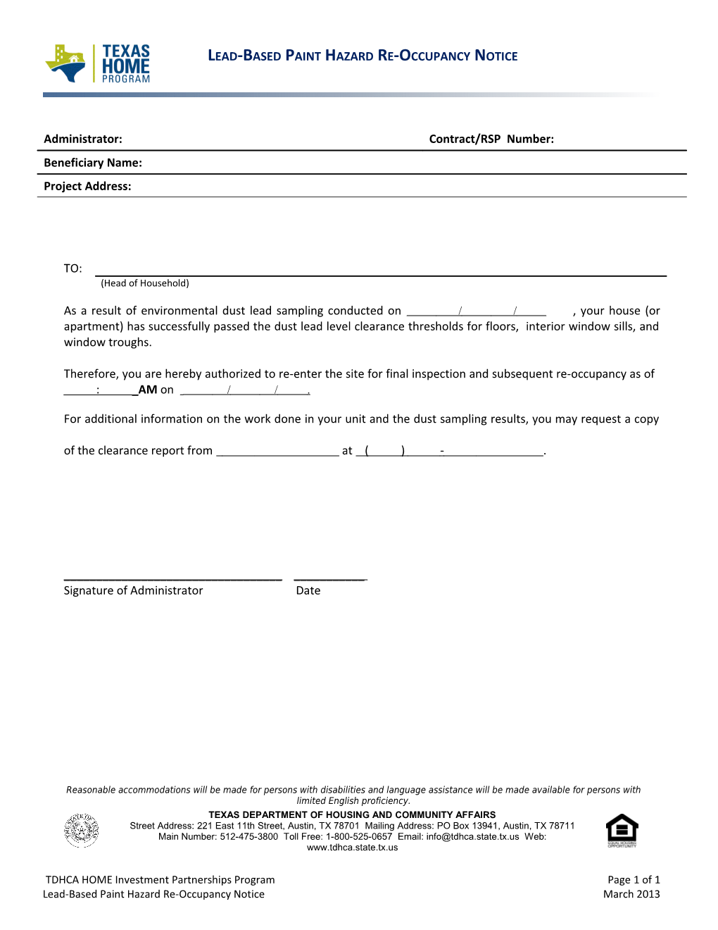 Lead-Based Paint Hazard Re-Occupancy Notice