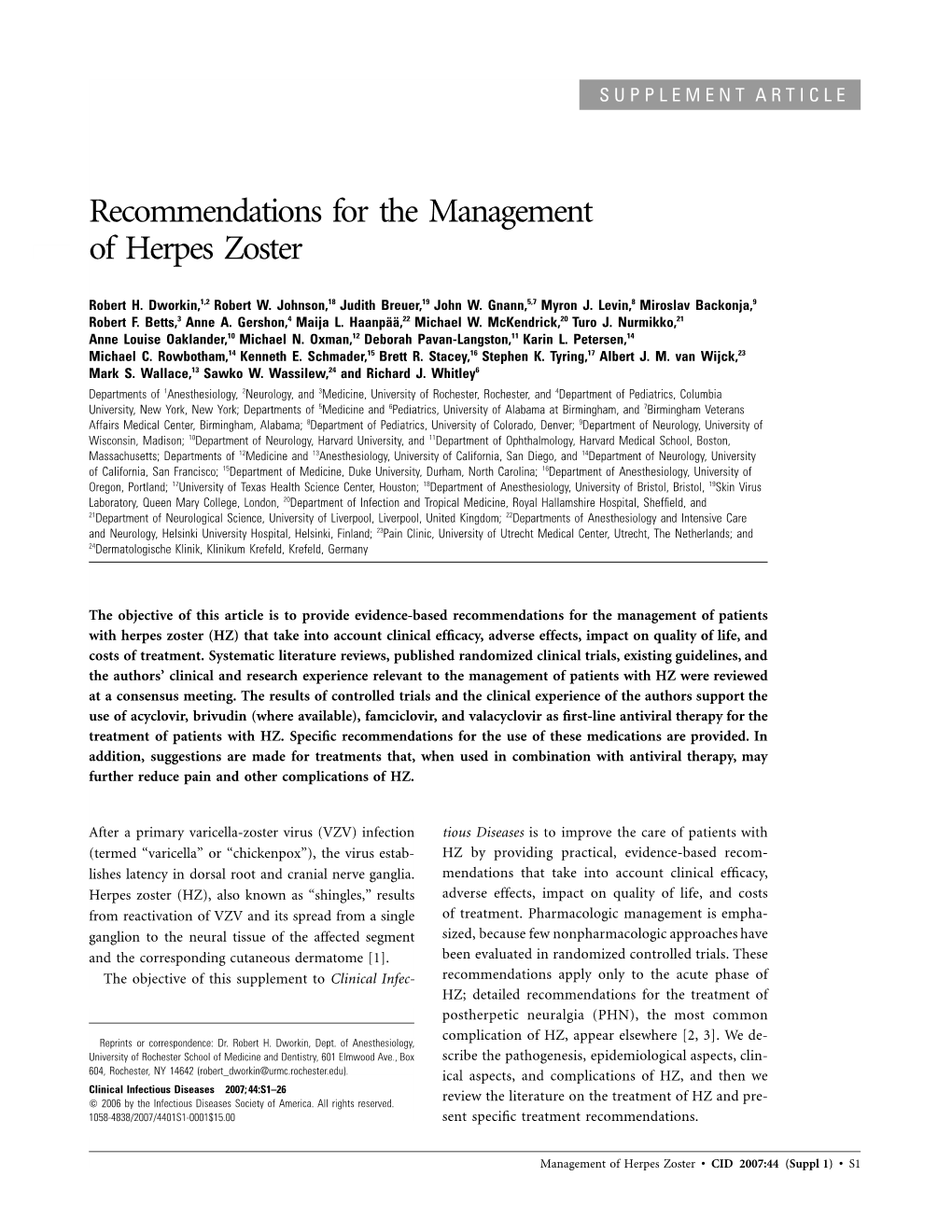 Recommendations for the Management of Herpes Zoster