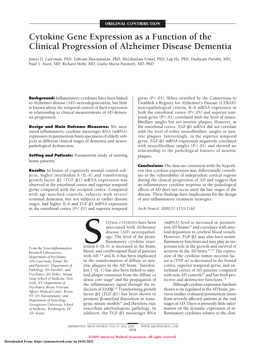 Cytokine Gene Expression As a Function of the Clinical Progression of Alzheimer Disease Dementia