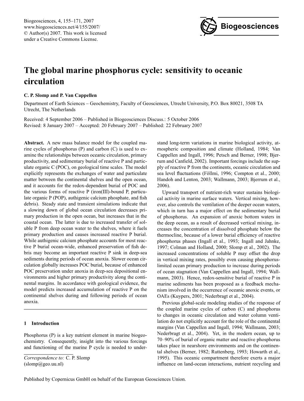 The Global Marine Phosphorus Cycle: Sensitivity to Oceanic Circulation