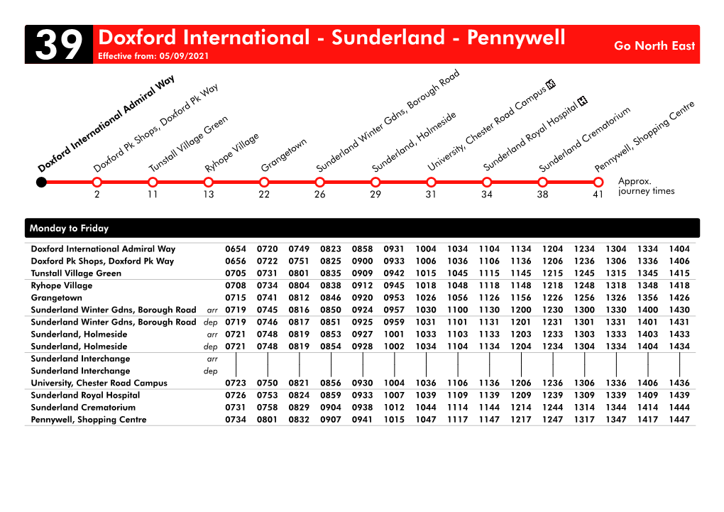 Doxford International - Sunderland - Pennywell Go North East 39 Effective From: 05/09/2021