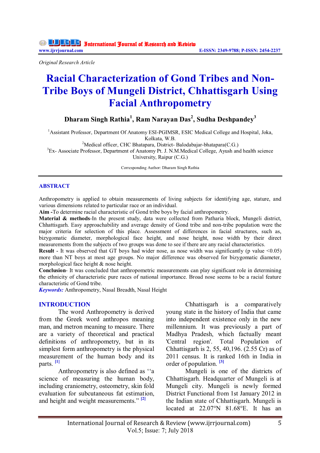 Racial Characterization of Gond Tribes and Non- Tribe Boys of Mungeli District, Chhattisgarh Using Facial Anthropometry