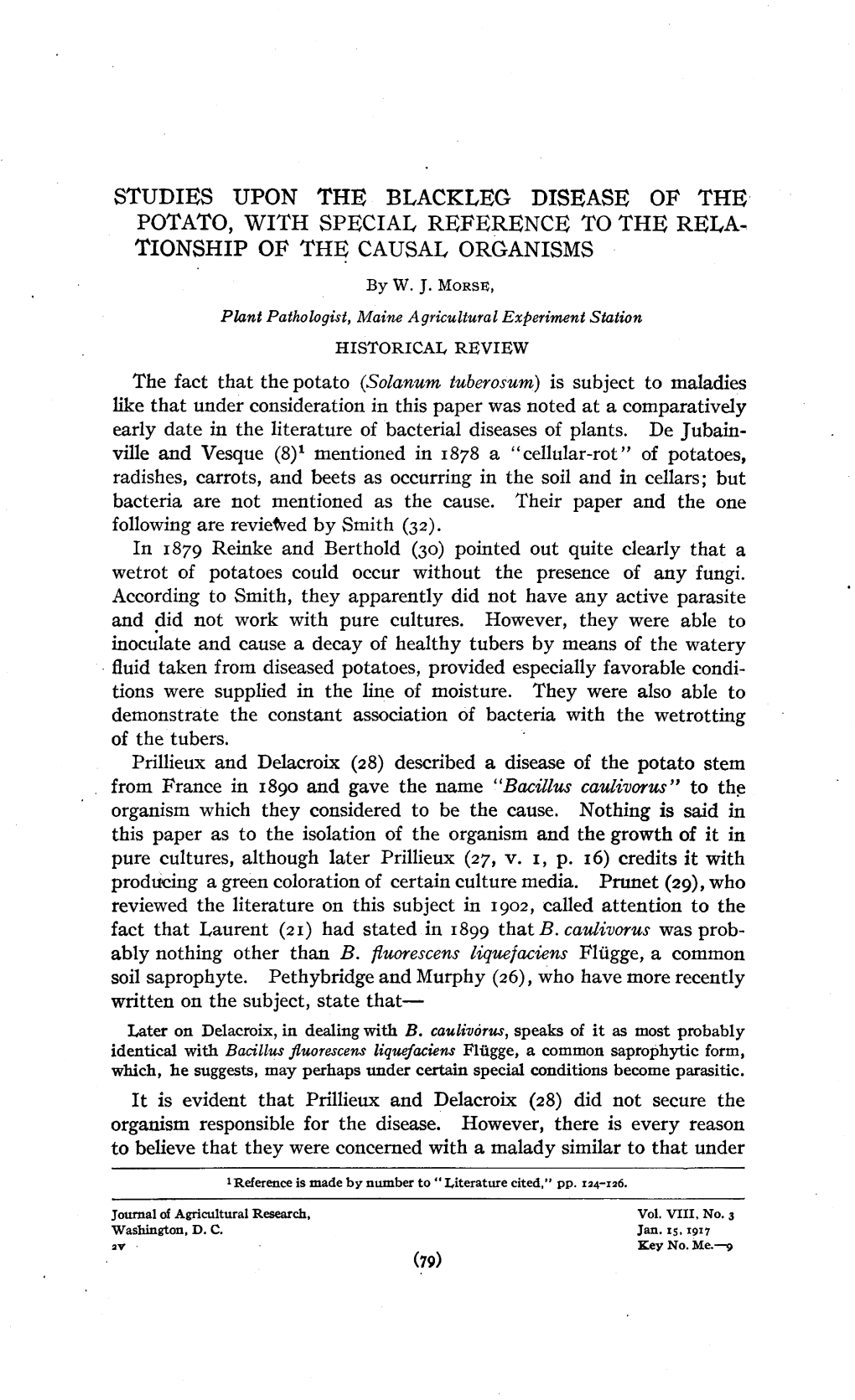 Studies Upon the Blackleg Disease of the Potato, with Special Reference to the Rela- Tionship of the Causal Organisms