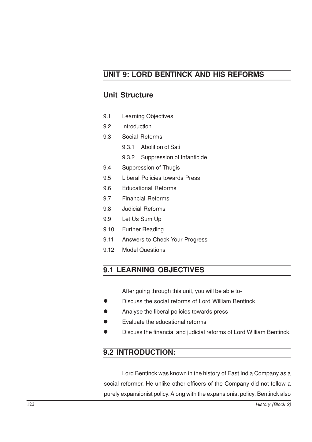 LORD BENTINCK and HIS REFORMS Unit Structure