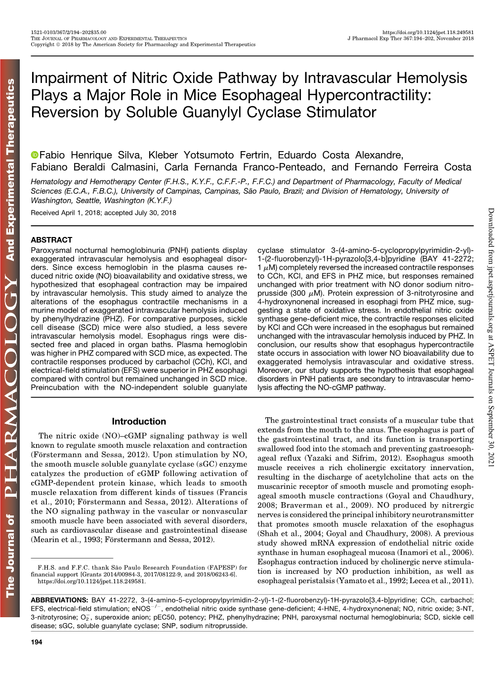 Impairment of Nitric Oxide Pathway by Intravascular Hemolysis Plays A