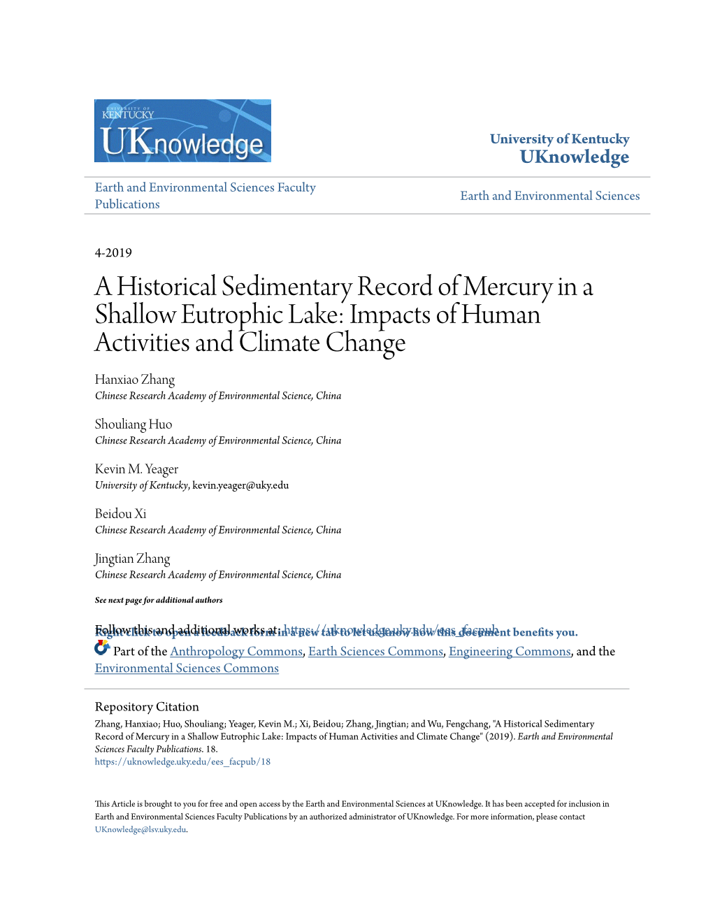 A Historical Sedimentary Record of Mercury in a Shallow Eutrophic Lake