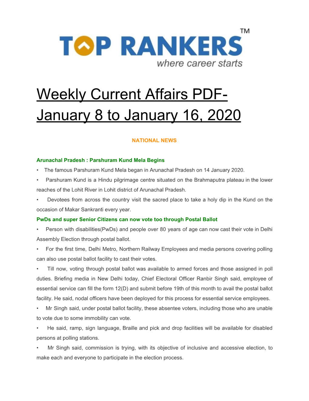 Weekly Current Affairs PDF- January 8 to January 16, 2020