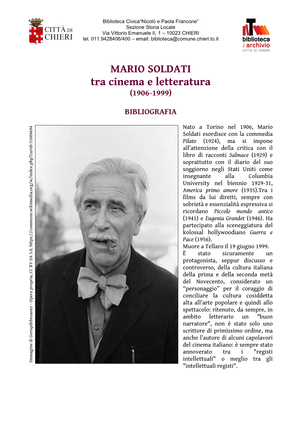 MARIO SOLDATI Tra Cinema E Letteratura (1906-1999)