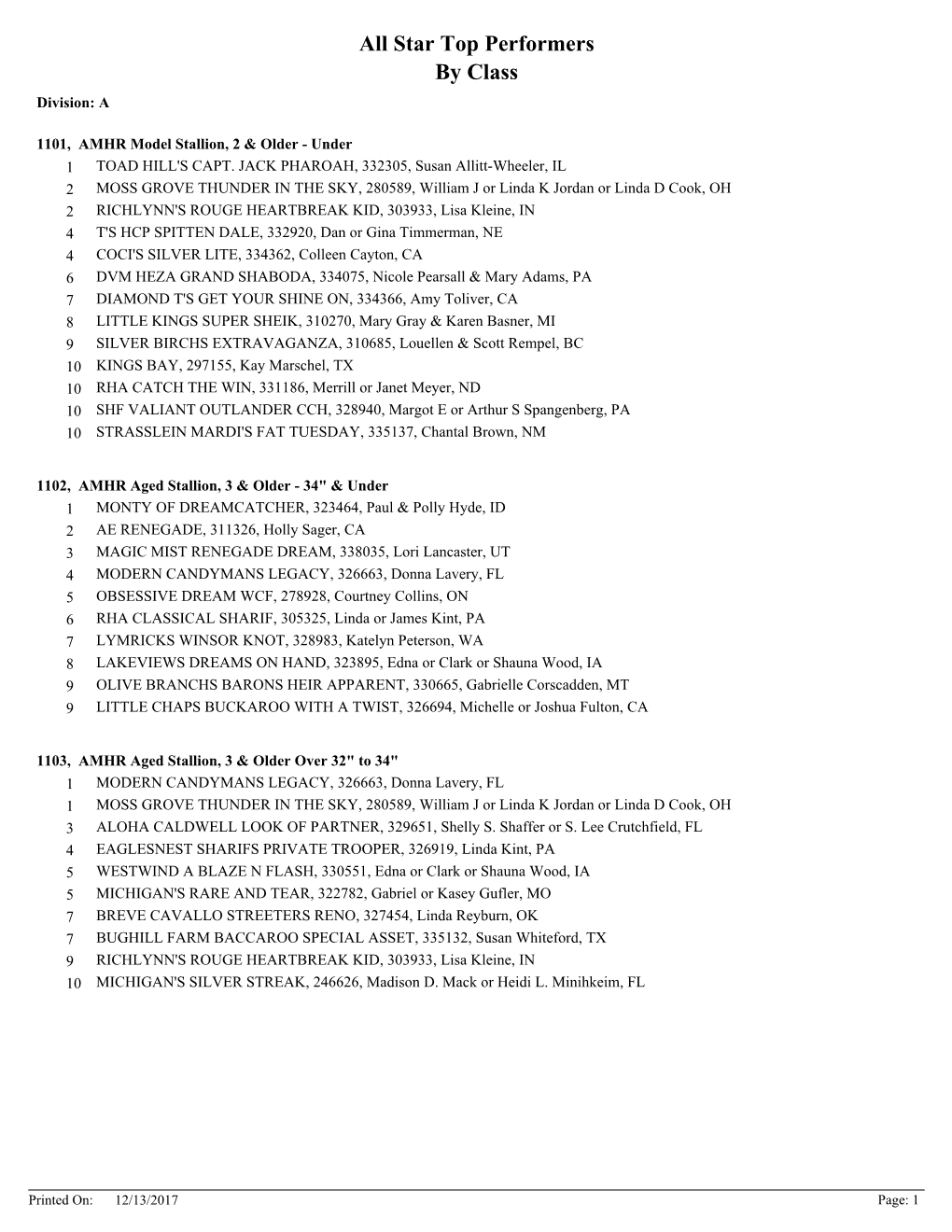 All Star Top Performers by Class Division: A