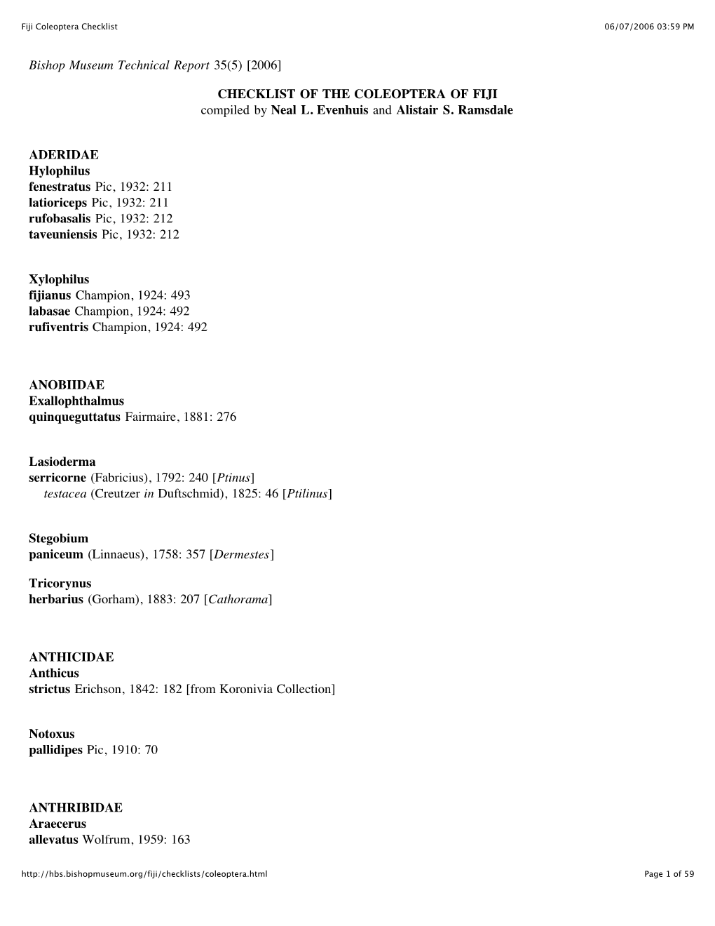 Fiji Coleoptera Checklist 06/07/2006 03:59 PM