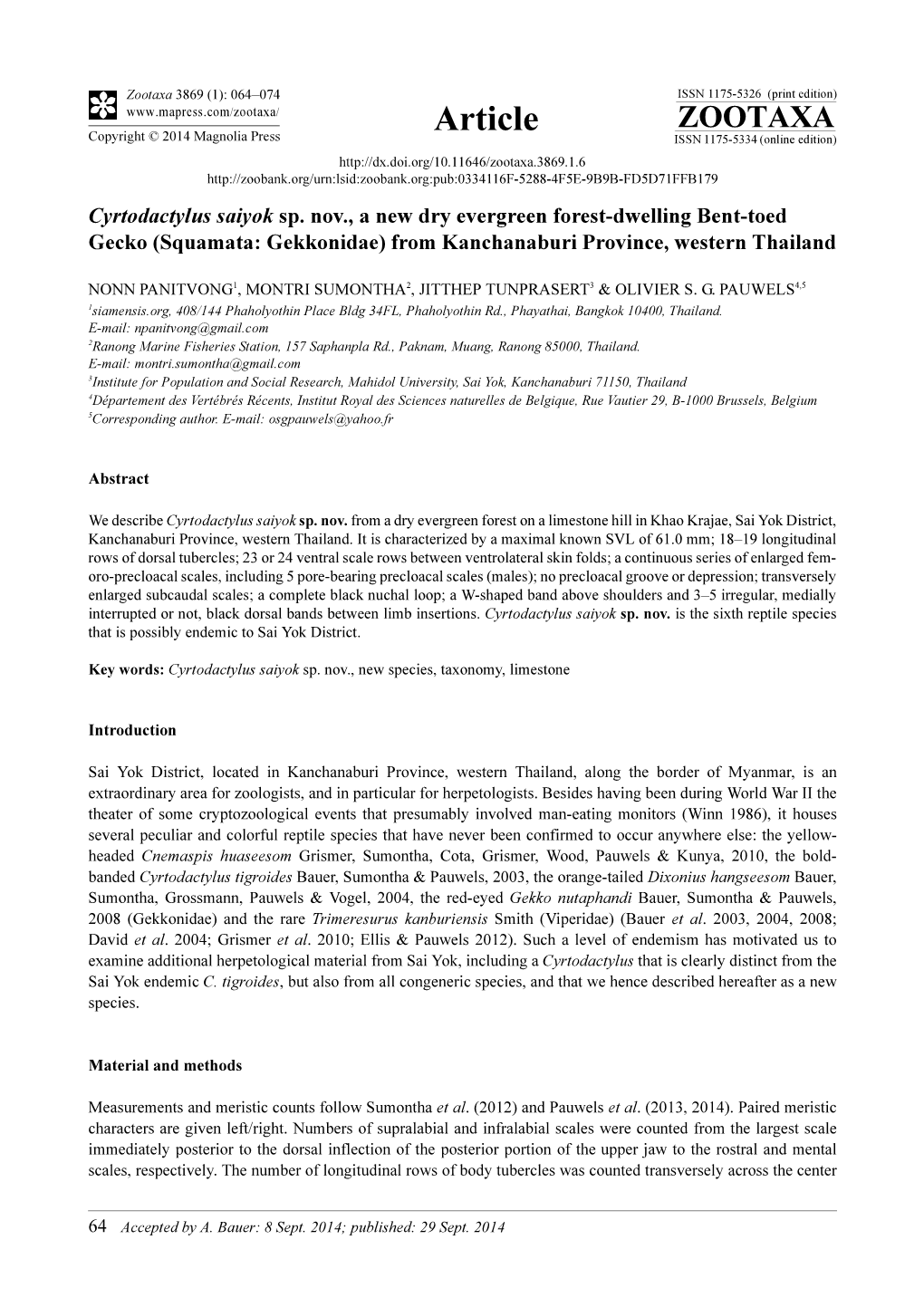 Cyrtodactylus Saiyok Sp. Nov., a New Dry Evergreen Forest-Dwelling Bent-Toed Gecko (Squamata: Gekkonidae) from Kanchanaburi Province, Western Thailand