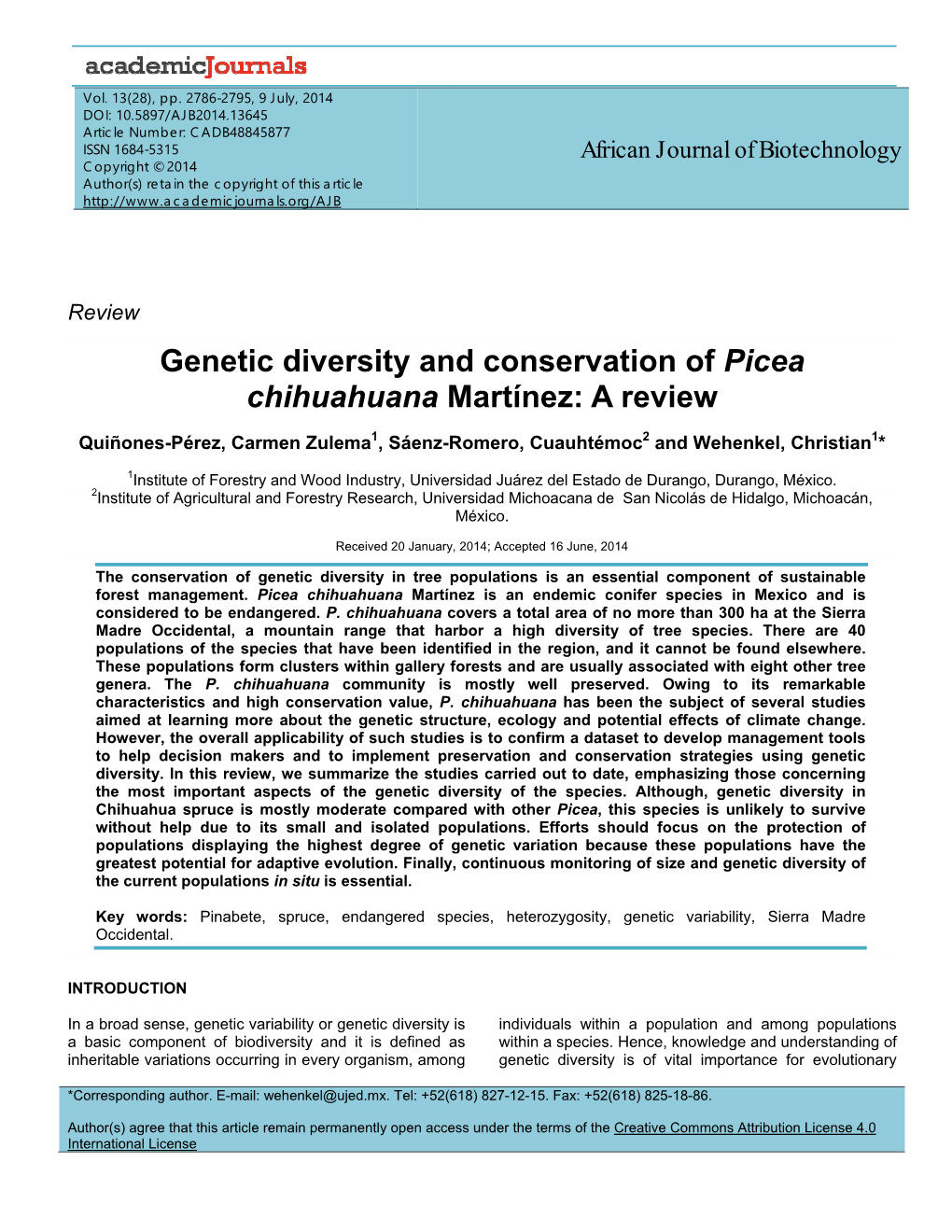 Genetic Diversity and Conservation of Picea Chihuahuana Martínez: a Review