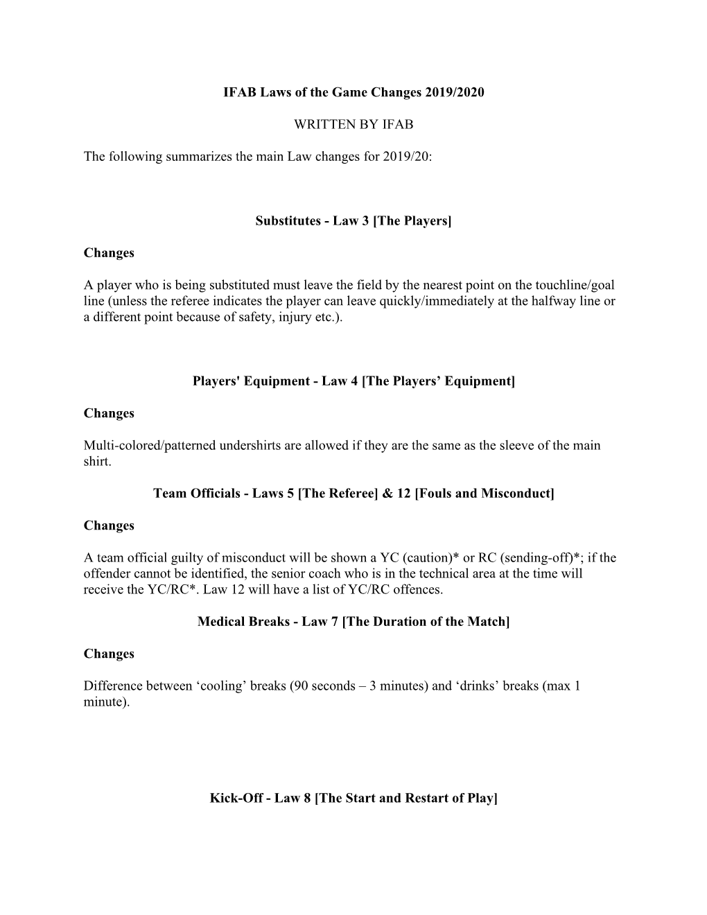 IFAB Laws of the Game Changes 2019/2020