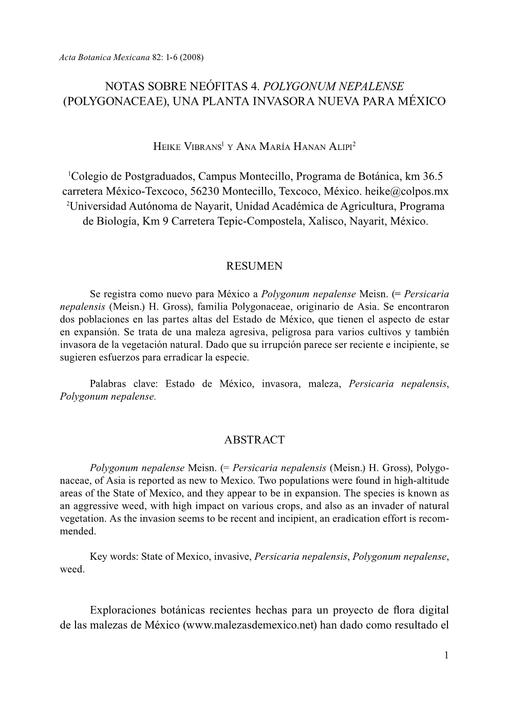 Notas Sobre Neófitas 4. Polygonum Nepalense (Polygonaceae), Una Planta Invasora Nueva Para México