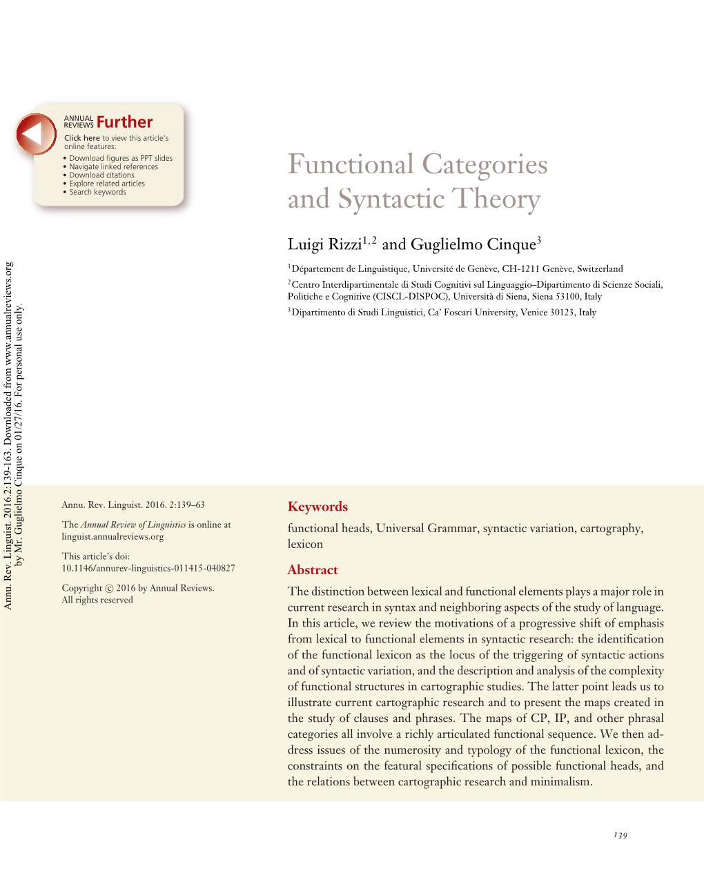 Functional Categories and Syntactic Theory 141 LI02CH08-Rizzi ARI 5 December 2015 12:12