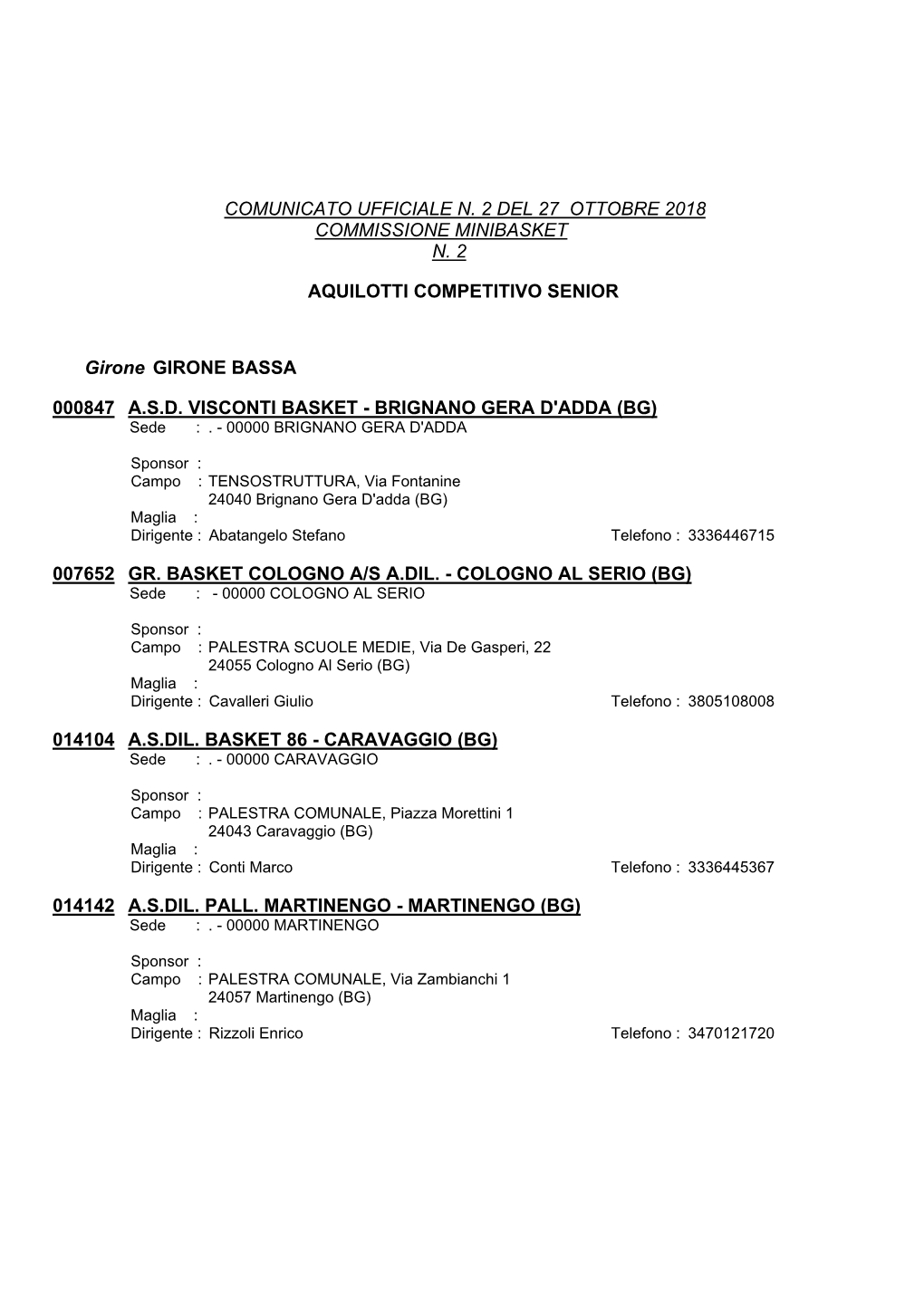 Comunicato Ufficiale N. 2 Del 27 Ottobre 2018 Commissione Minibasket N