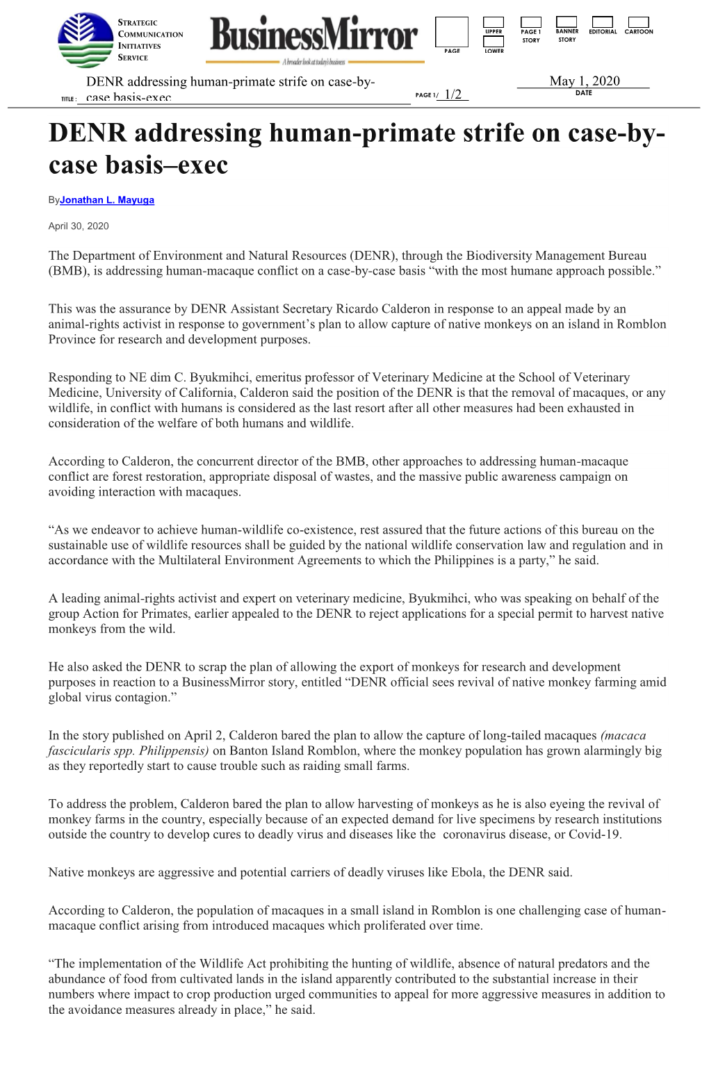 DENR Addressing Human-Primate Strife on Case-By- May 1, 2020 PAGE 1/ DATE TITLE : Case Basis-Exec 1/2