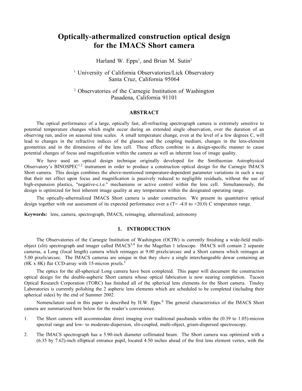 Optically-Athermalized Construction Optical Design for the IMACS Short Camera