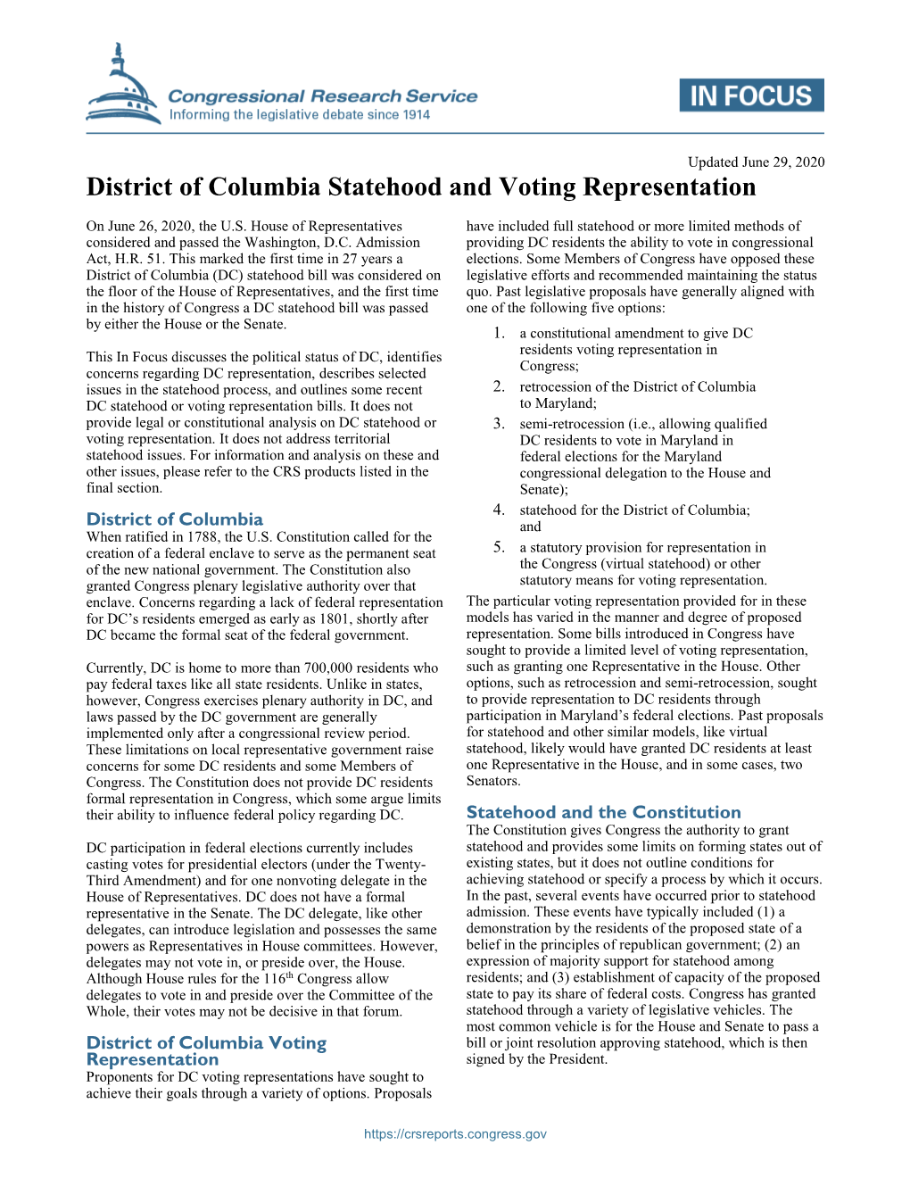 District of Columbia Statehood and Voting Representation