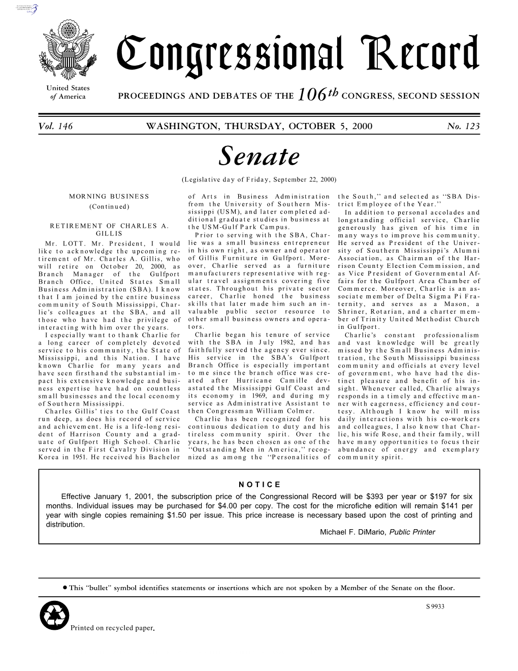 Congressional Record United States of America PROCEEDINGS and DEBATES of the 106Th CONGRESS, SECOND SESSION