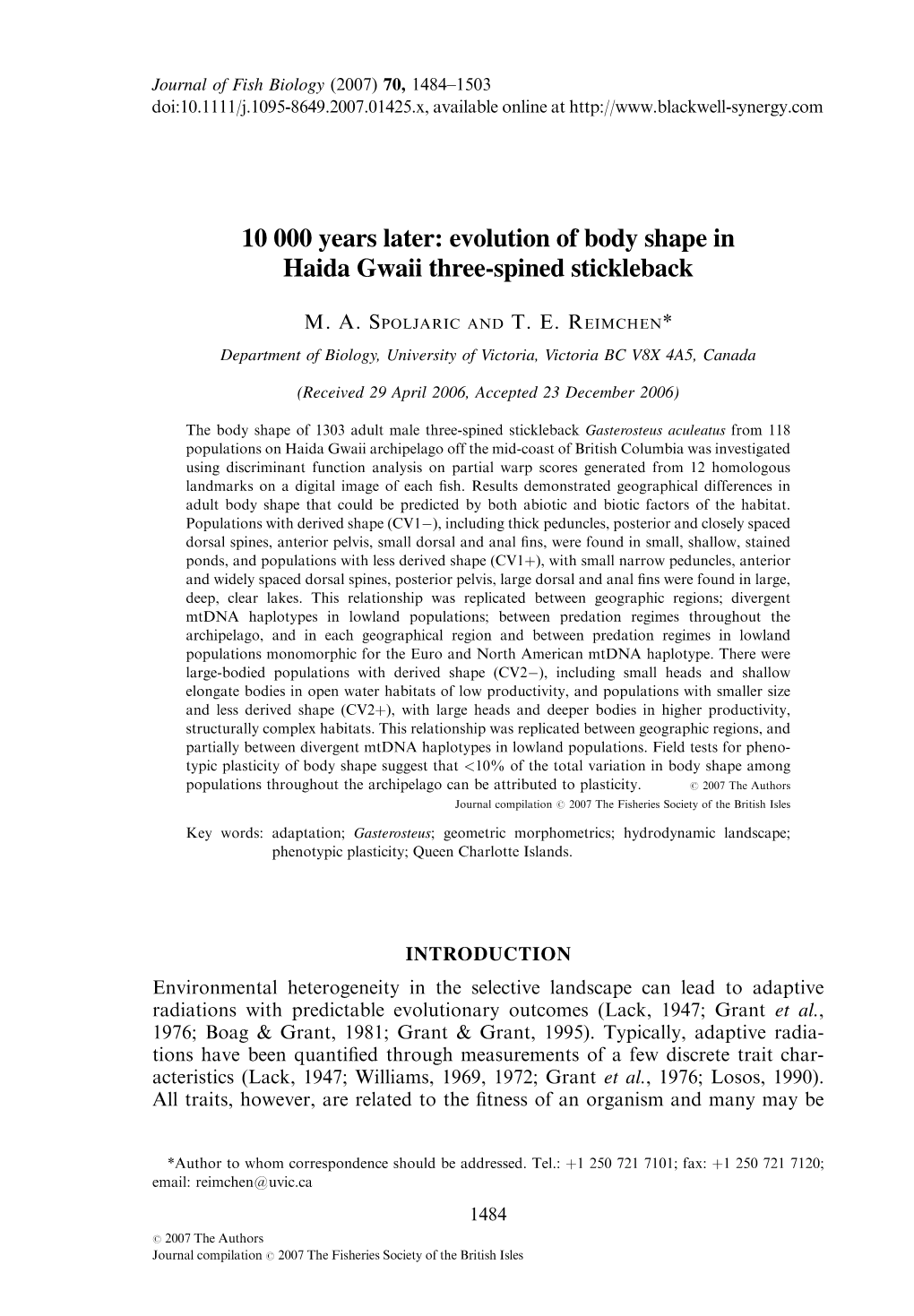 Evolution of Body Shape in Haida Gwaii Three-Spined Stickleback