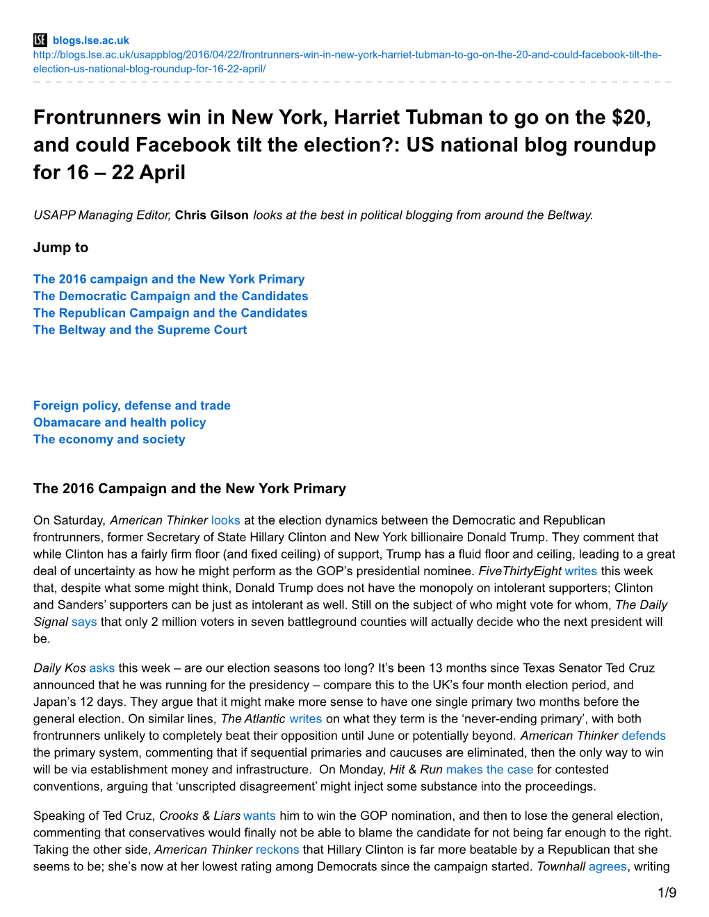 Frontrunners Win in New York, Harriet Tubman to Go on the $20, and Could Facebook Tilt the Election?: US National Blog Roundup for 16 – 22 April