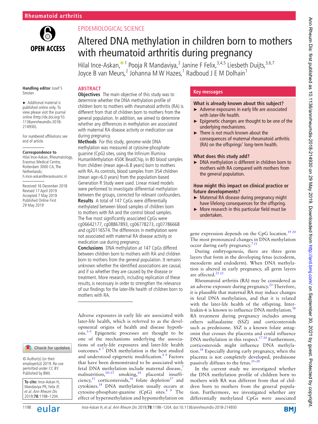 Altered DNA Methylation in Children Born to Mothers with Rheumatoid