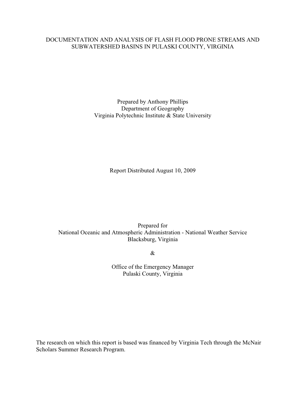 Documentation and Analysis of Flash Flood Prone Streams and Subwatershed Basins in Pulaski County, Virginia