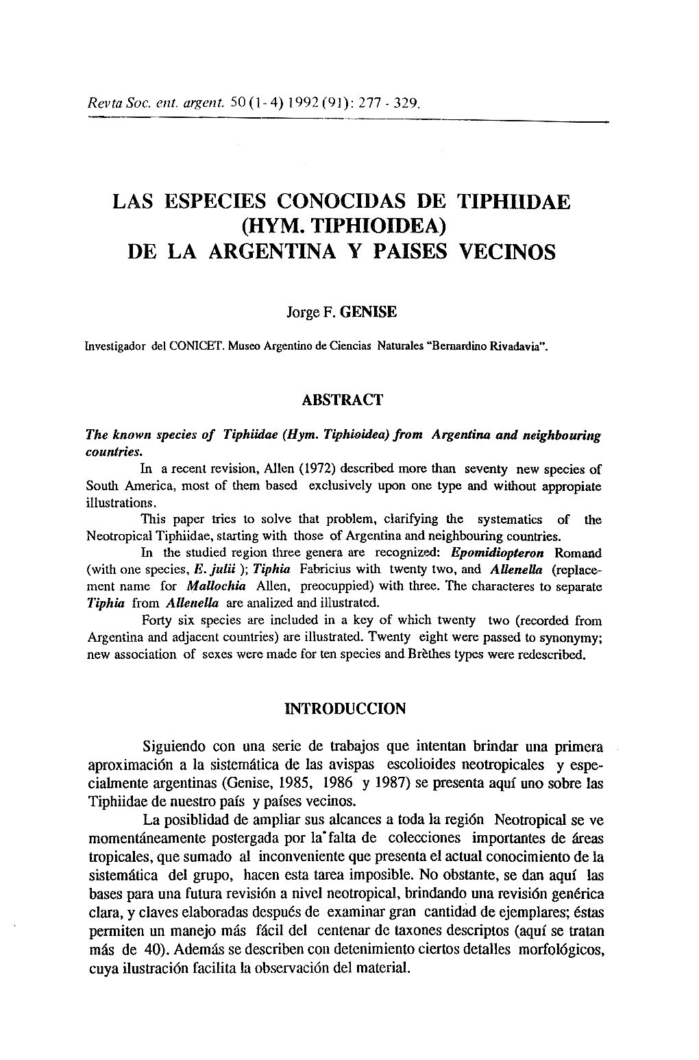 Las Especies Conocidas De Tiphiidae (Hym. Tiphioidea) De La Argentina Y Paises Vecinos