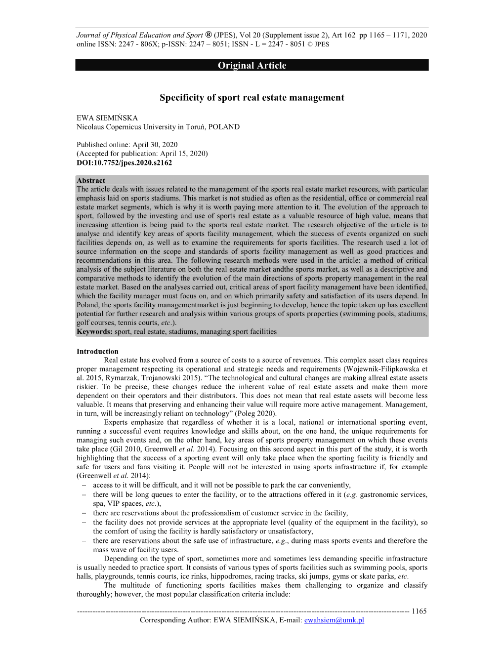 Original Article Specificity of Sport Real Estate Management