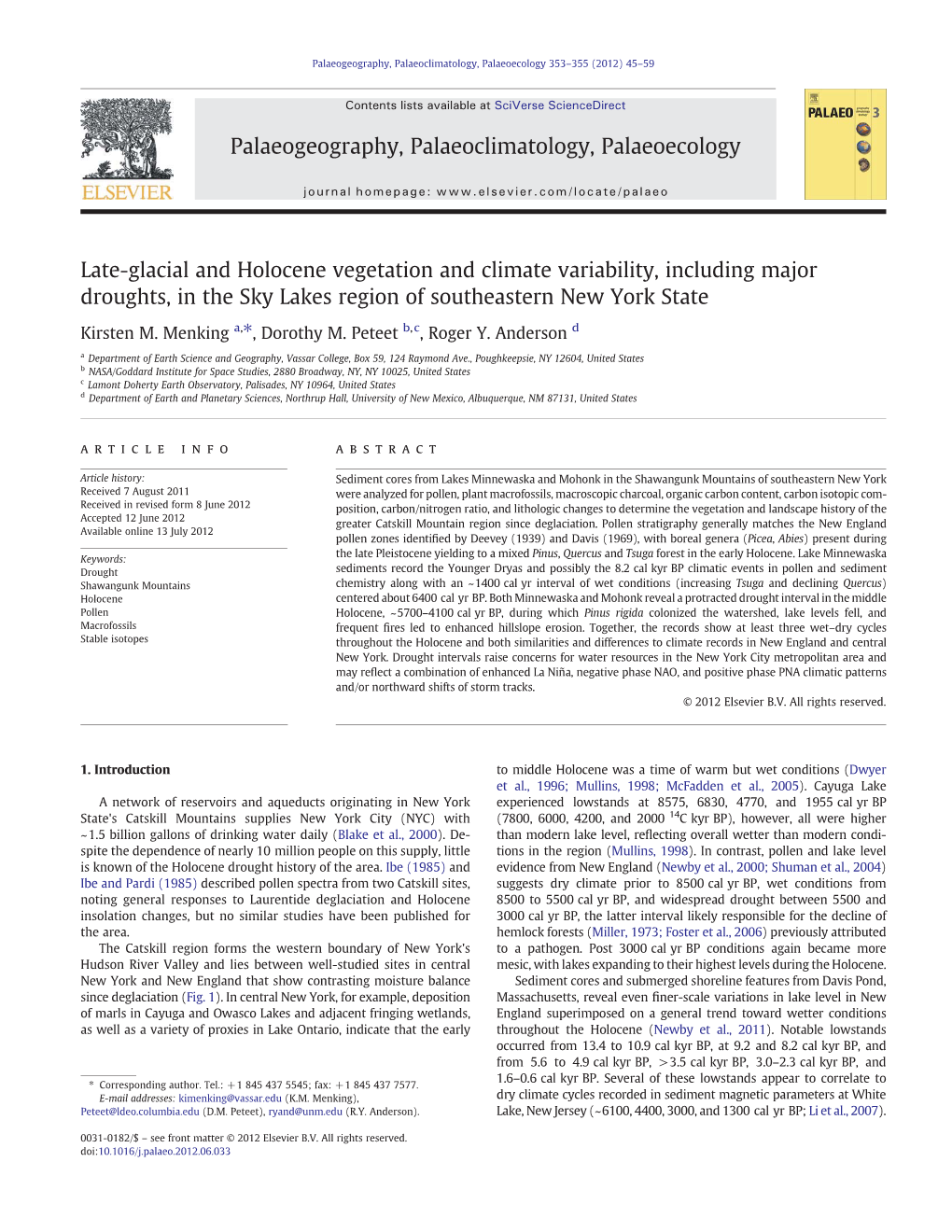 Late-Glacial and Holocene Vegetation and Climate Variability, Including Major Droughts, in the Sky Lakes Region of Southeastern New York State