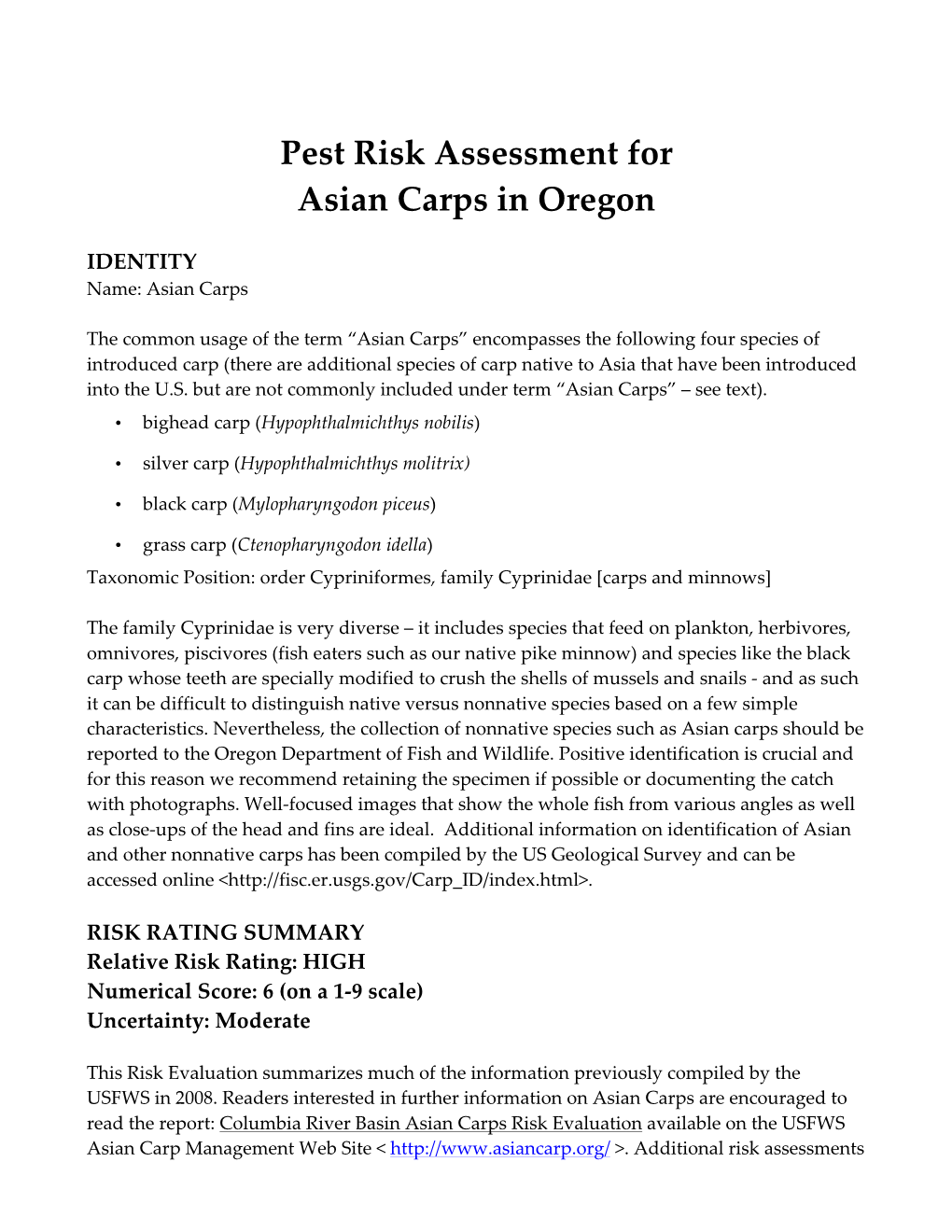 Pest Risk Assessment for Asian Carps in Oregon