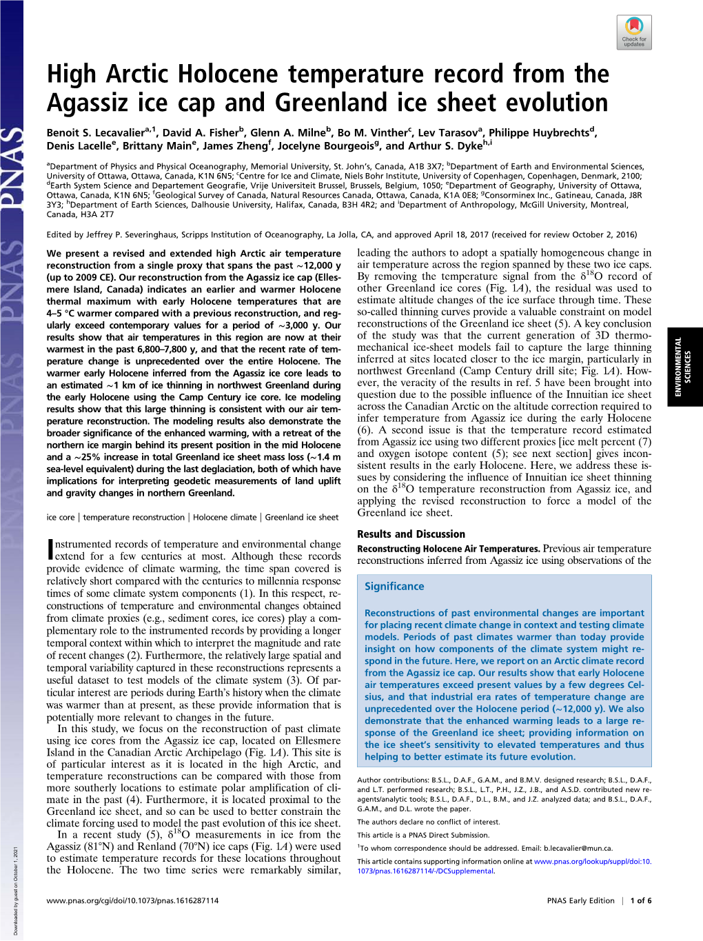 High Arctic Holocene Temperature Record from the Agassiz Ice Cap and Greenland Ice Sheet Evolution