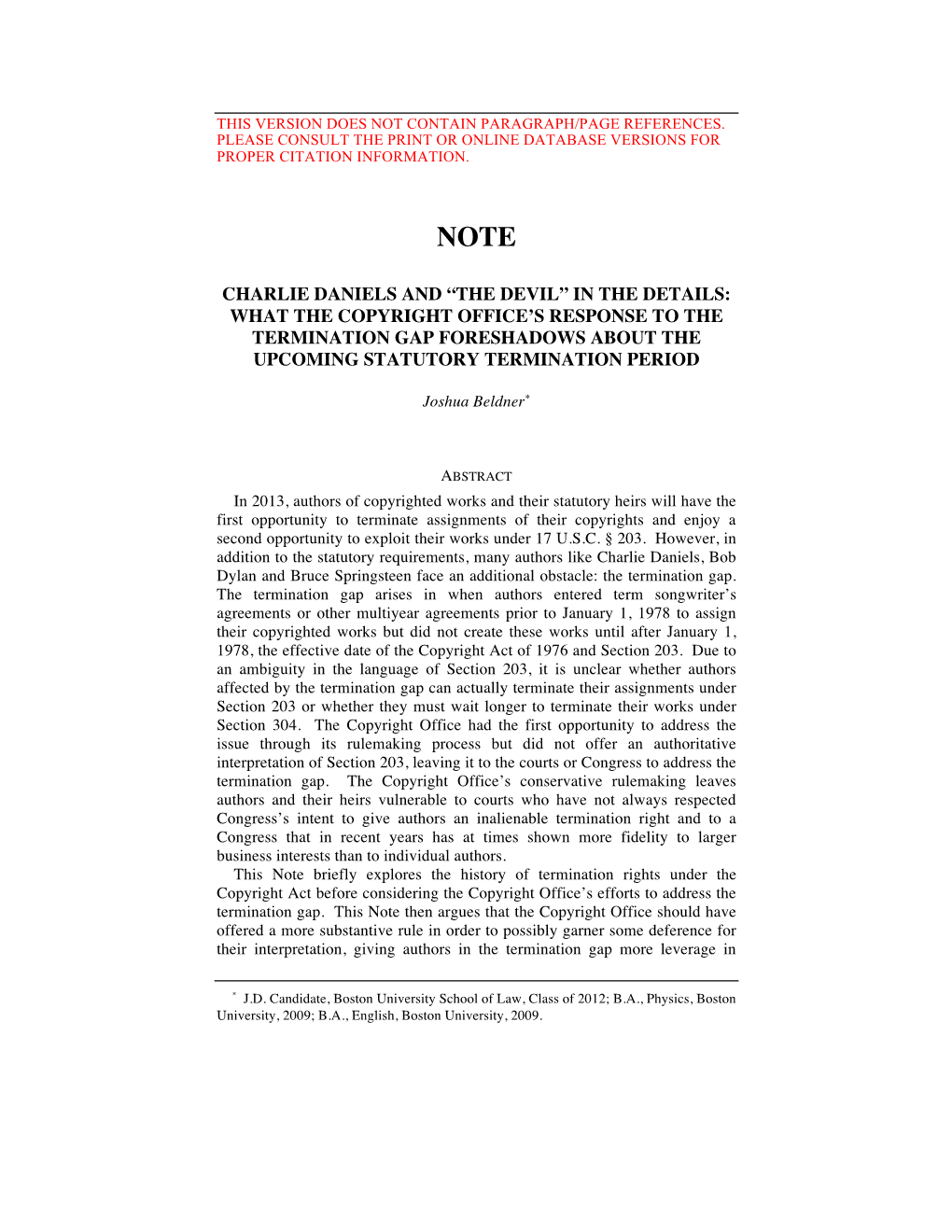 Charlie Daniels and “The Devil” in the Details: What the Copyright Office's Response to the Termination Gap Foreshadows Ab