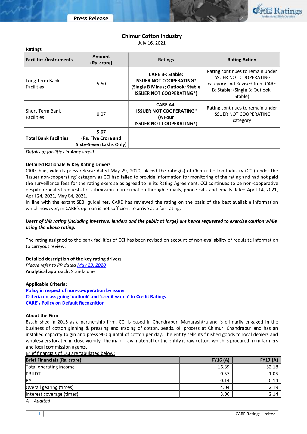 Press Release Chimur Cotton Industry