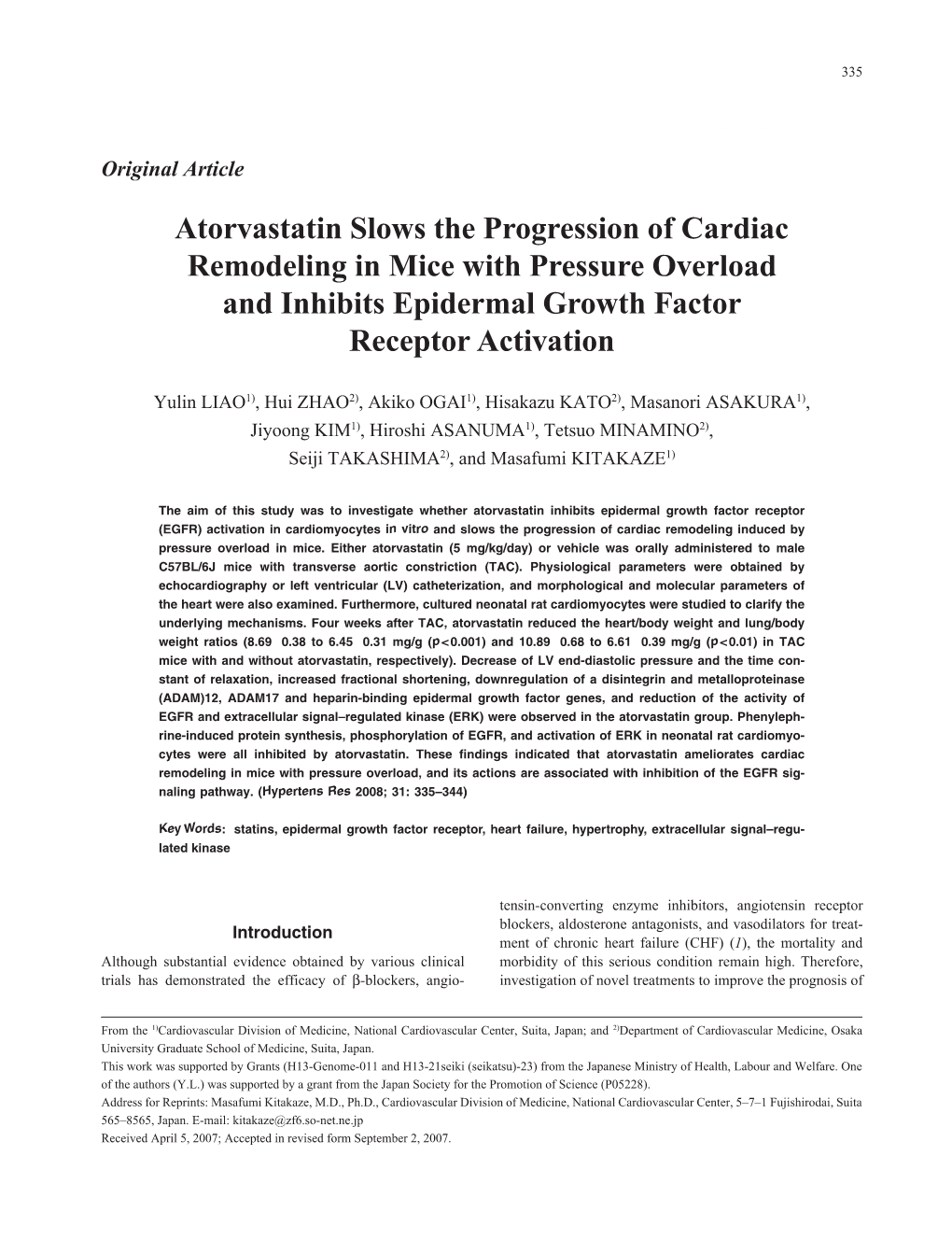 Atorvastatin Slows the Progression of Cardiac Remodeling in Mice with Pressure Overload and Inhibits Epidermal Growth Factor Receptor Activation