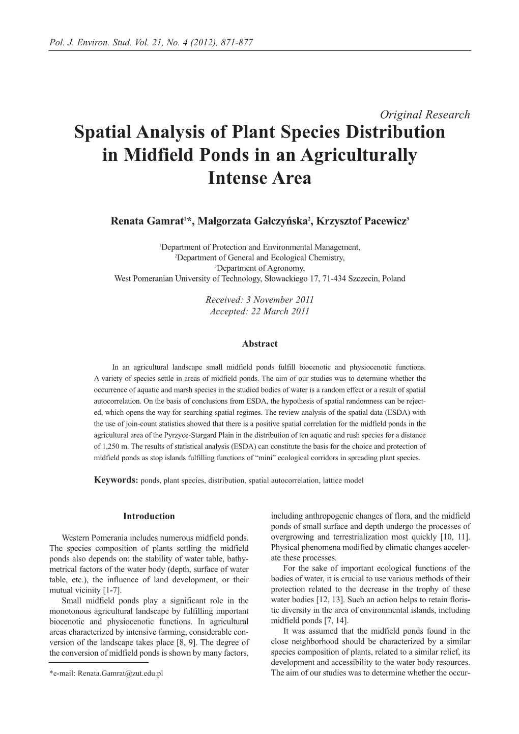 Spatial Analysis of Plant Species Distribution in Midfield Ponds in an Agriculturally Intense Area