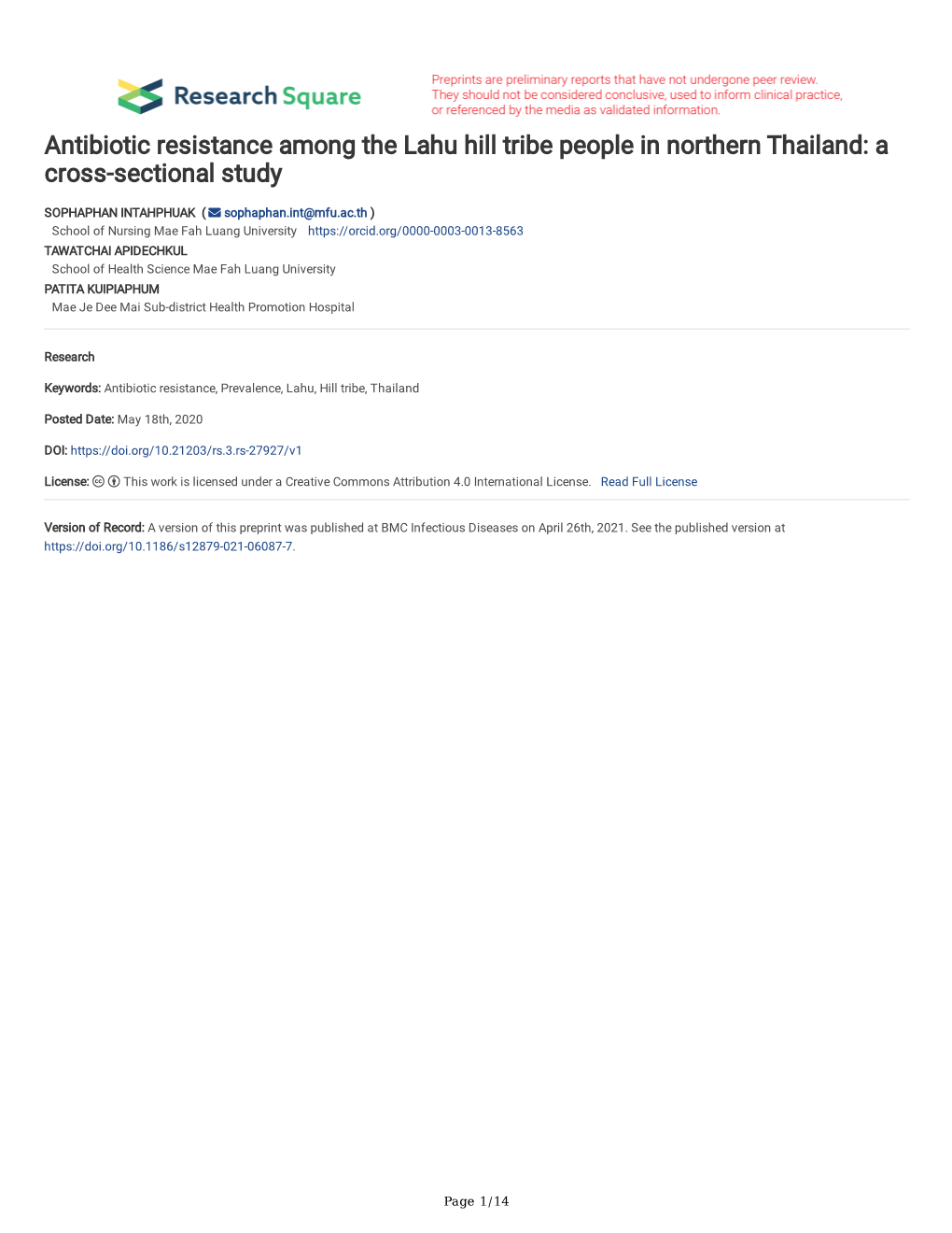 Antibiotic Resistance Among the Lahu Hill Tribe People in Northern Thailand: a Cross-Sectional Study